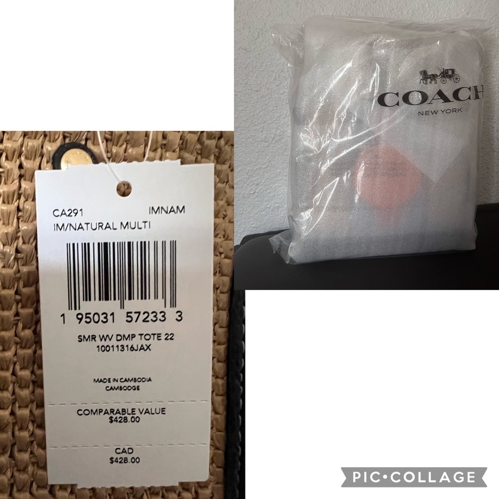 NWT COACH CA291 DEMPSEY TOTE 22 WITH COACH PATCH STRAW/LEATHER SHOULDER BAG - Picture 9 of 11